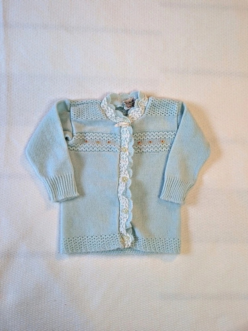 Vintage Heidi Baby Cardigan Blue Knit Lace Collar Cottagecore Heirloom Sweater